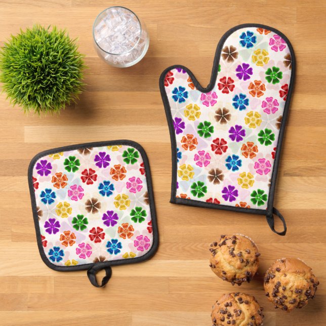 Colourful Retro Rainbow Flowers Design White  Oven Mitt & Pot Holder Set (Top Down)