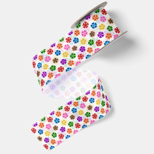 Colourful Retro Rainbow Flowers Design White Satin Ribbon