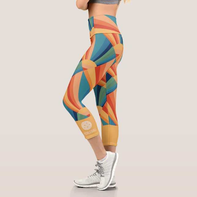 Colourful Retro Rainbow Sunburst Custom Pickleball Capri Leggings (Left)