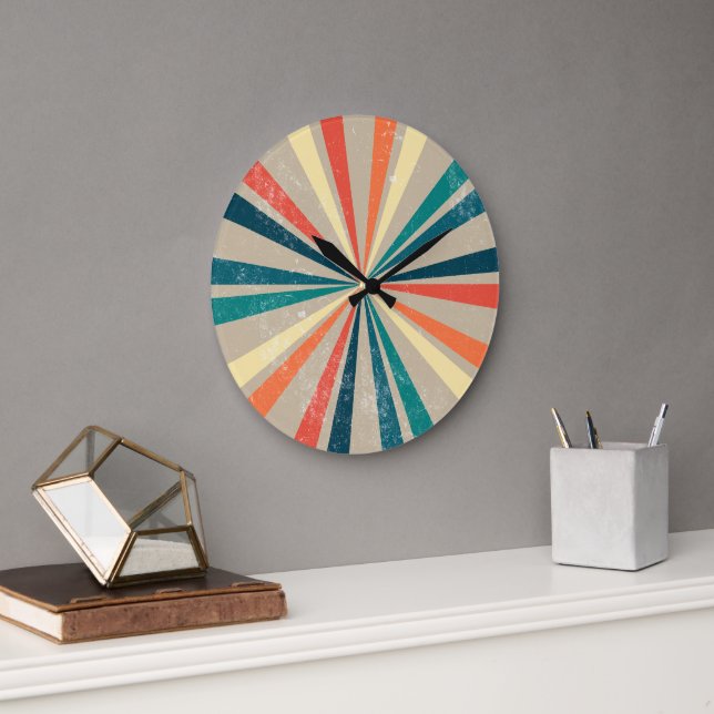 Colourful Retro Rainbow Sunburst   Large Clock (Office)