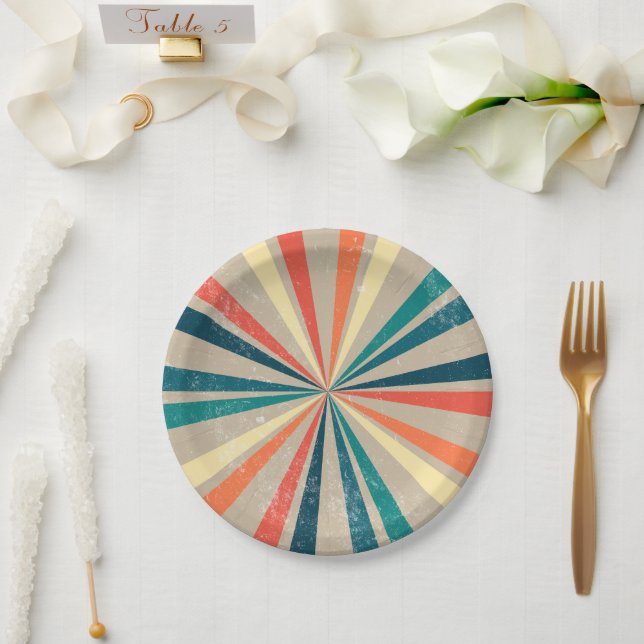 Colourful Retro Rainbow Sunburst  Paper Plate (Wedding)
