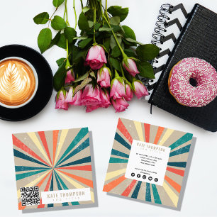 Colourful Retro Rainbow Sunburst QR Code Square Business Card