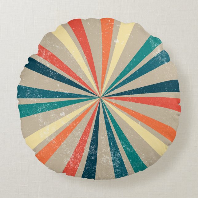 Colourful Retro Rainbow Sunburst Round Cushion (Front)