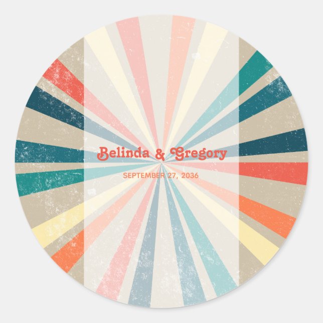 Colourful Retro Rainbow Sunburst Wedding Classic Round Sticker (Front)