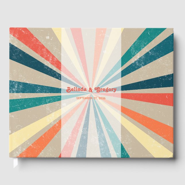 Colourful Retro Rainbow Sunburst Wedding Guest Book (Front)