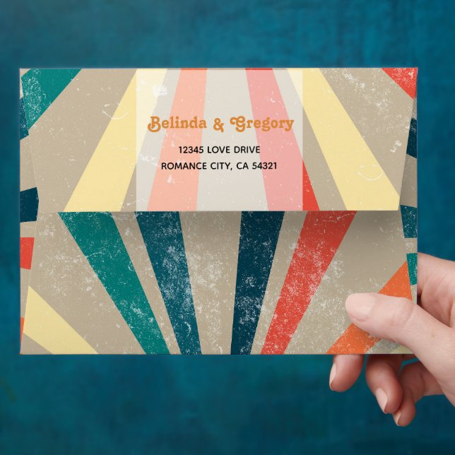 Colourful Retro Rainbow Sunburst Wedding Invitatio Envelope (Hand)