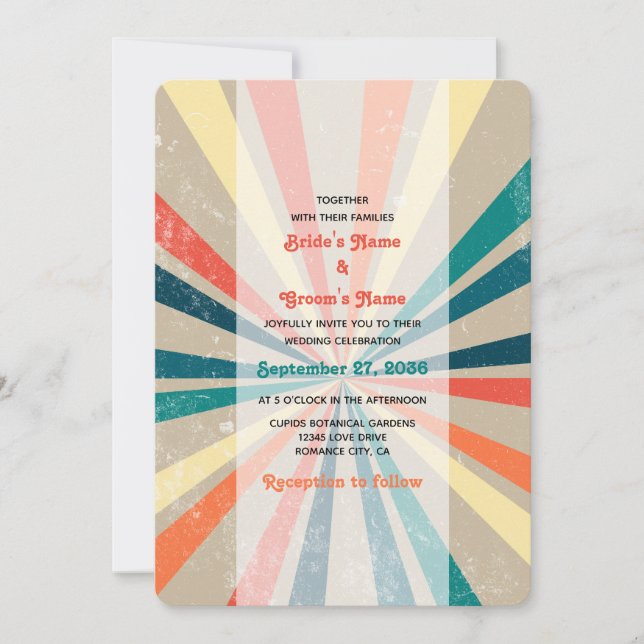 Colourful Retro Rainbow Sunburst Wedding Invitation (Front)