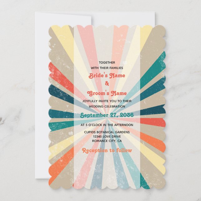 Colourful Retro Rainbow Sunburst Wedding Invitation (Front)