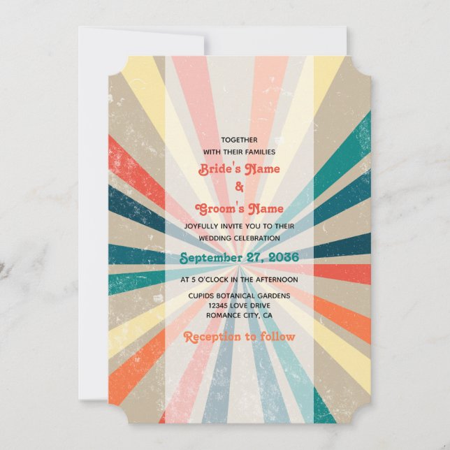 Colourful Retro Rainbow Sunburst Wedding Invitation (Front)