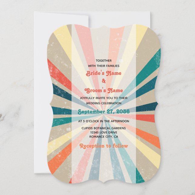 Colourful Retro Rainbow Sunburst Wedding Invitation (Front)