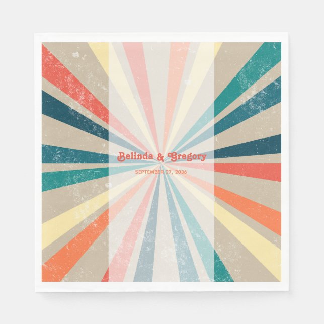 Colourful Retro Rainbow Sunburst Wedding Napkin (Front)
