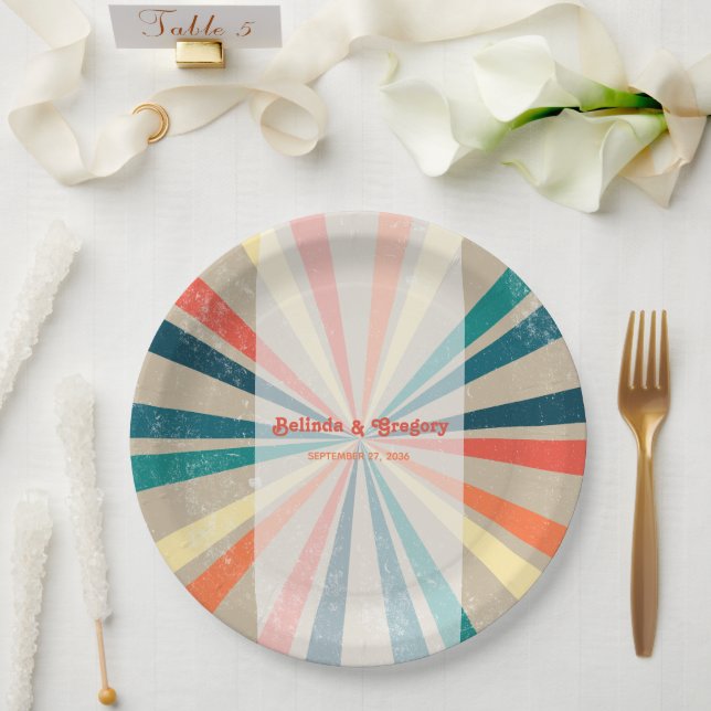 Colourful Retro Rainbow Sunburst Wedding Paper Plate (Wedding)