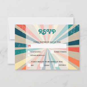 Colourful Retro Rainbow Sunburst Wedding RSVP Card