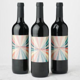 Colourful Retro Rainbow Sunburst Wedding Wine Label