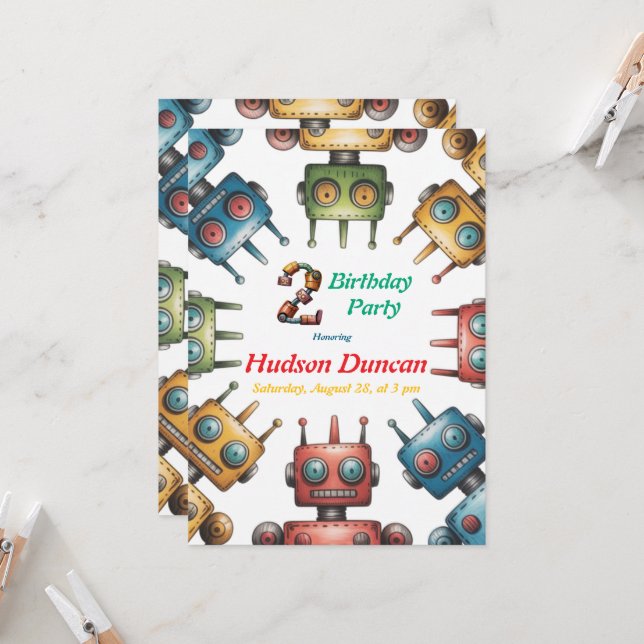 Colourful Retro Robots Boy Birthday Party Invitation (Front/Back In Situ)