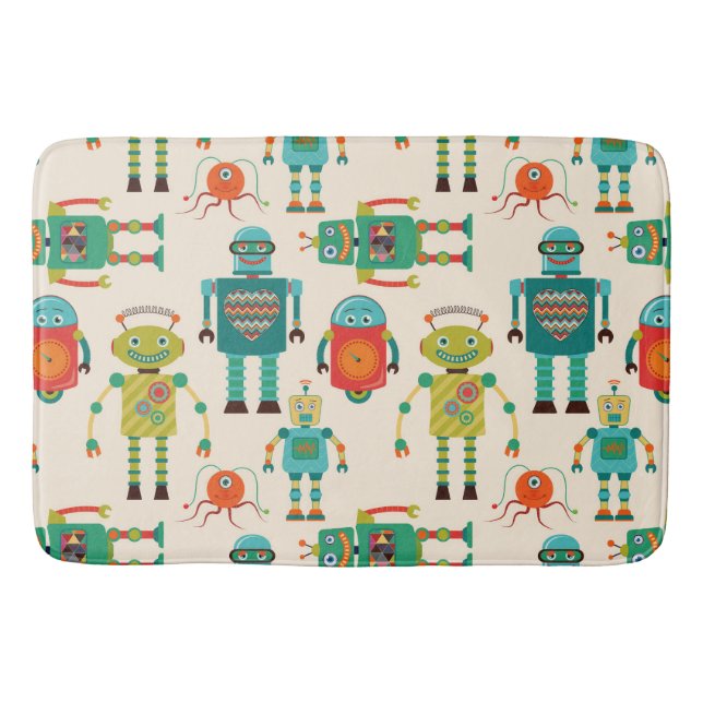 Colourful Retro Robots Pattern Bath Mat (Front)
