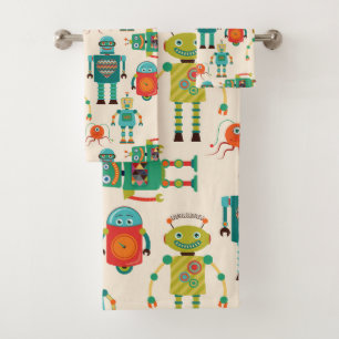 Colourful Retro Robots Pattern Bath Towel Set