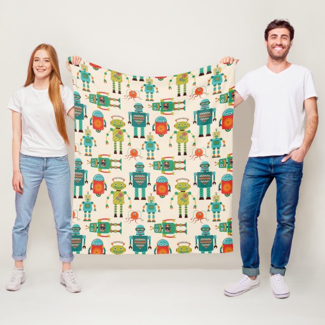 Colourful Retro Robots Pattern Fleece Blanket (In Situ)