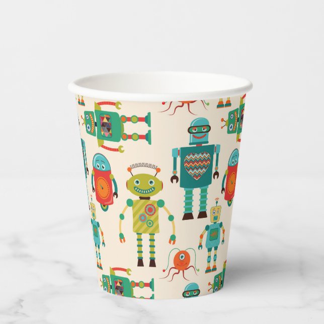 Colourful Retro Robots Pattern Paper Cups (Front)