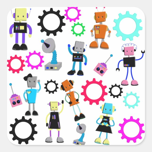 Colourful Retro Robots Square Sticker (Front)