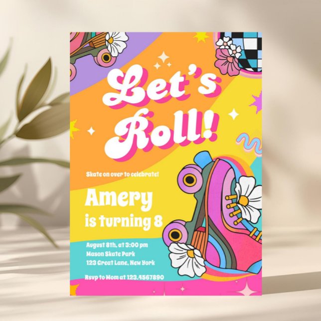 Colourful Retro Roller Skate Birthday Invitation (roller skate birthday invite, retro birthday invitation, skate party invite, lets roll invitation, d)