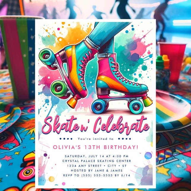 Colourful Retro Roller Skate Birthday Invitation (Colorful Retro Roller Skate Birthday Invitation)