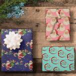 colourful retro santa claus vintage christmas gift wrapping paper sheet<br><div class="desc">three sheets of holiday wrapping paper adorned in unique vintage and adorable graphics of santa claus in seamless pattern print format. each of the three sheets includes a different colourful retro design showcasing vintage santa claus artwork</div>