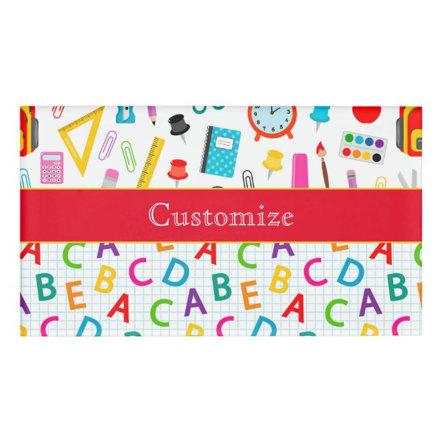 Colourful Retro School Supplies Name Tag (Front)