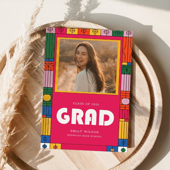 Colourful Retro Script Grad Photo Graduation Announcement (Creator Uploaded)