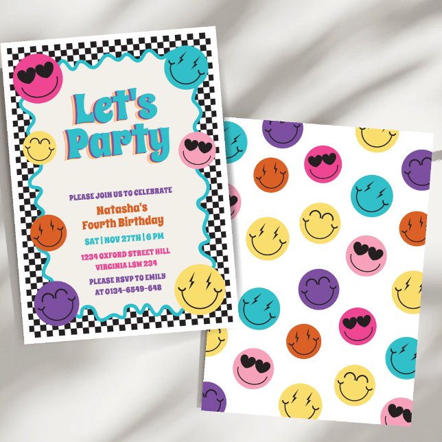 Colourful Retro Smiles Emoji Chequered Kids Birthd Invitation (Creator Uploaded)