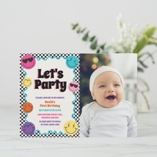Colourful Retro Smiles Emoji Chequered Photo Birth Invitation (Standing Front)