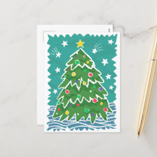 Colourful Retro Stamp Style Christmas Tree Holiday Postcard