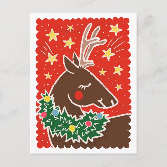 Colourful Retro Stamp Style Reindeer Holiday Postcard (Front)