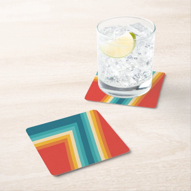 Colourful Retro Stripes  -   70s, 80s Design Square Paper Coaster (Insitu)