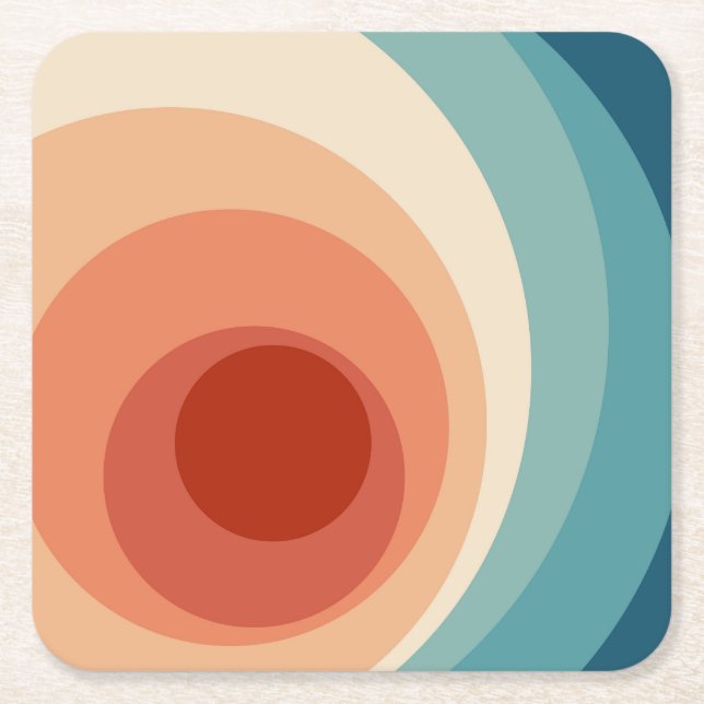 Colourful retro style circles design  square paper coaster (Front)