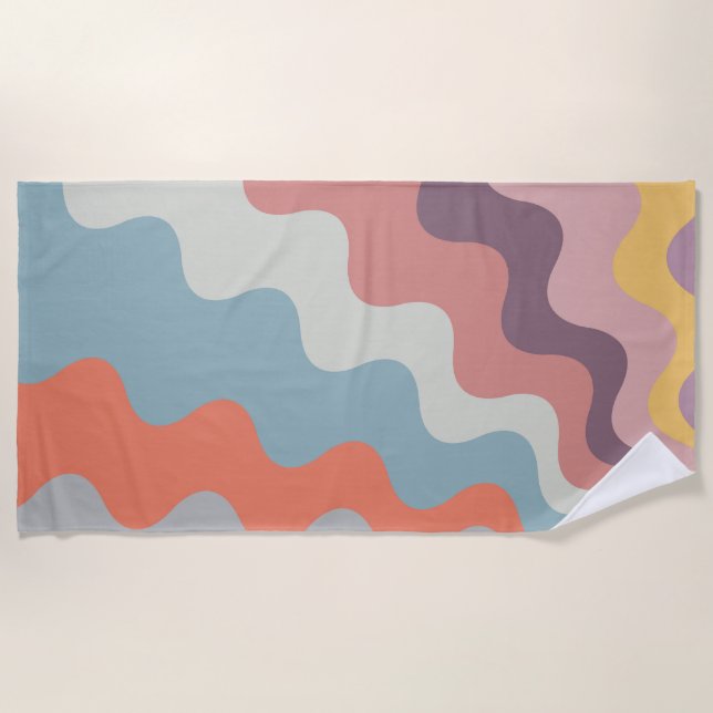 Colourful retro style diagonal waves beach towel (Front)