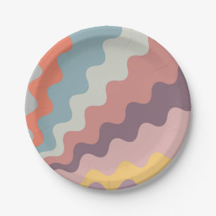 Colourful retro style diagonal waves paper plate