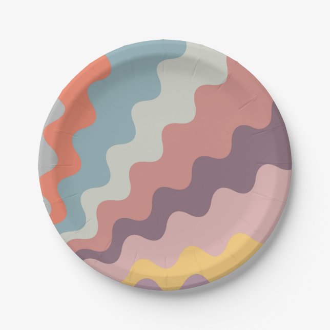 Colourful retro style diagonal waves paper plate (Front)