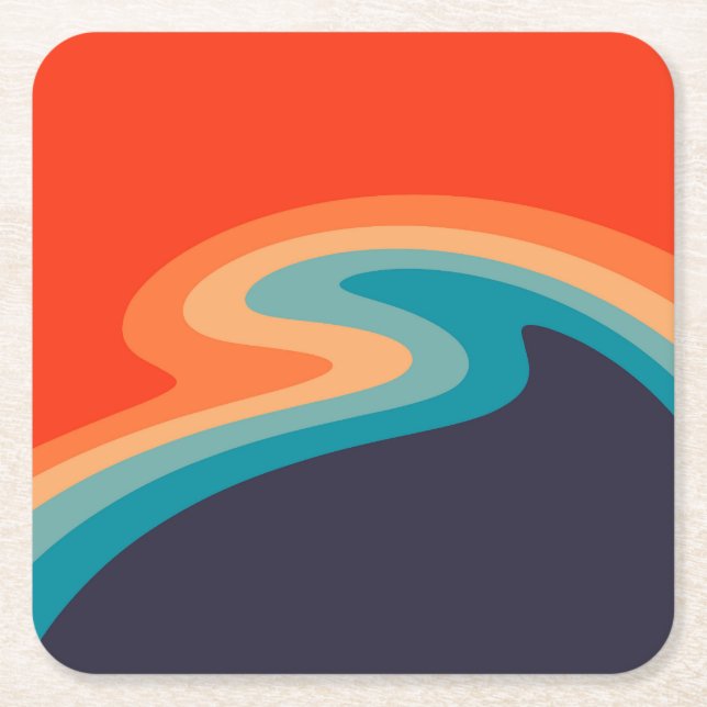 Colourful retro style swirl design square paper coaster (Front)