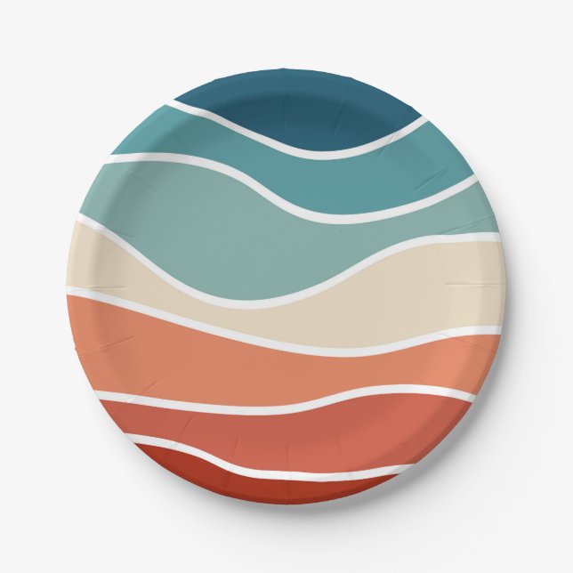 Colourful retro style waves paper plate (Front)