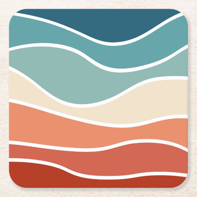 Colourful retro style waves square paper coaster (Front)