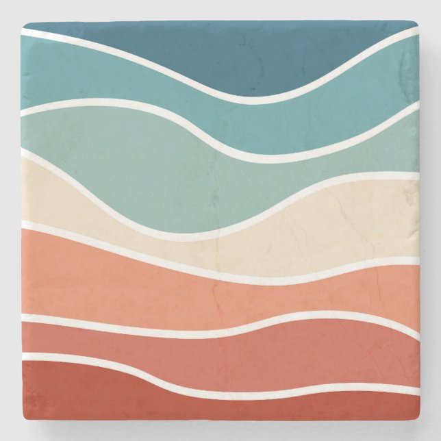 Colourful retro style waves stone coaster (Front)