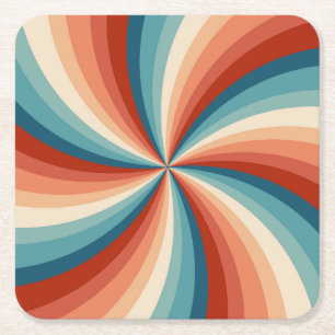 Colourful retro style wavy sun rays square paper coaster
