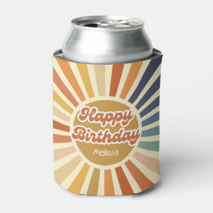 Colourful Retro Sun Groovy Wave Happy Birthday Can Cooler