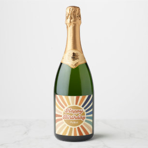 Colourful Retro Sun Groovy Wave Happy Birthday Sparkling Wine Label