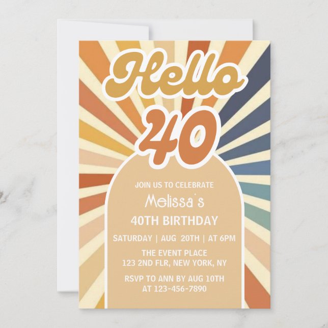Colourful Retro Sun Groovy Wave Hello 40th Birthda Invitation (Front)
