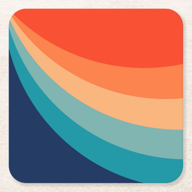 Colourful retro sun rays square paper coaster (Front)