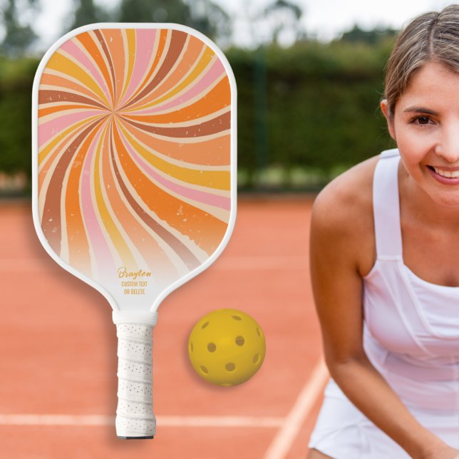 Colourful Retro Sunburst Swirl Custom Text Name Pickleball Paddle (Creator Uploaded)