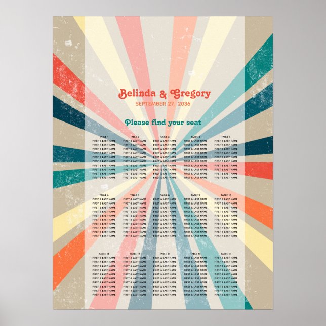 Colourful Retro Sunburst Wedding Seating Chart (Front)