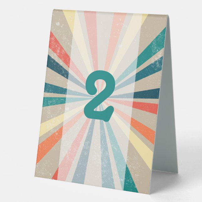 Colourful Retro Sunburst Wedding Table Number (Front)